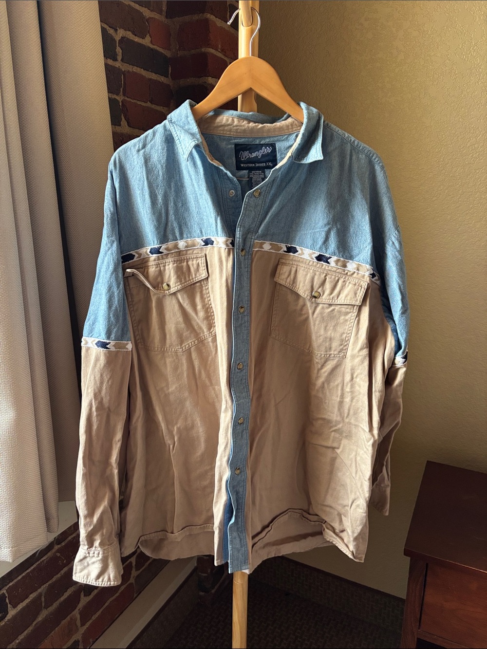 Wrangler Light Blue and Khaki Two-Tone Western Shirt Size XXL